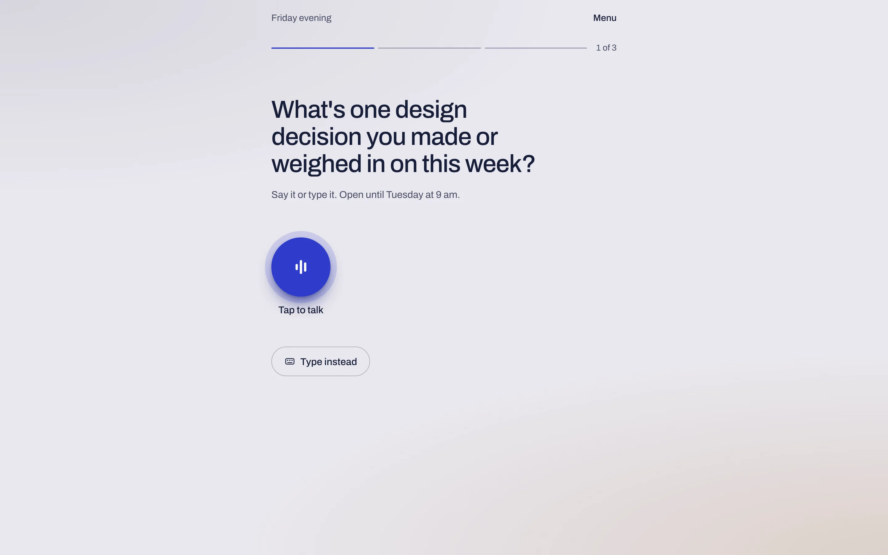A participant’s question on a computer: tap to talk, or type instead.